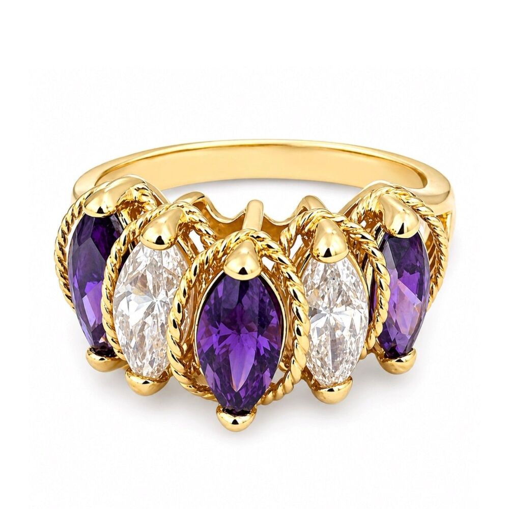 Vintage 1990s Purple CZ Ring D. Gioielli Size 6.5 18K Gold Plate Cocktail - 14F